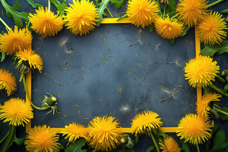 A rectangular frame composed of vibrant dandelion bloomsの素材