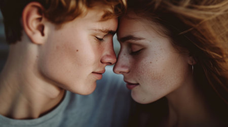 In a moment of profound passion, a young couple shares a soulful gazeの素材