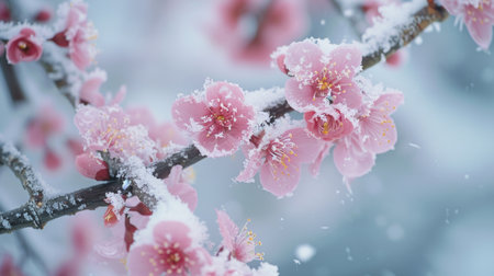Tree blossoms covered in a soft layer of snowの素材