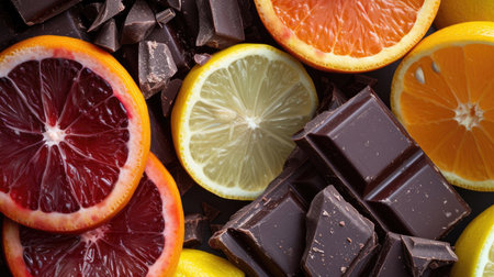 A captivating close-up of luscious chocolate and vibrant citrus fruitsの素材