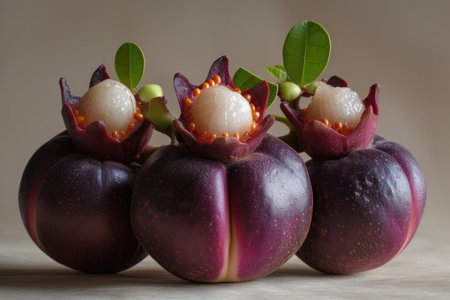 An exquisite close-up of a peeled mangosteen, revealing its succulent segmentsの素材