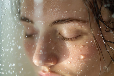 The tranquil beauty of a young woman's face bathed in the gentle shower sprayの素材