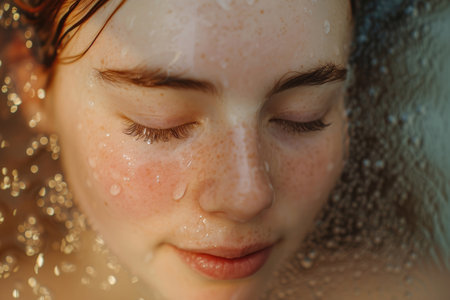 The tranquil beauty of a young woman's face bathed in the gentle shower sprayの素材
