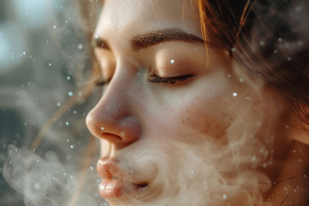 The youthful beauty of a woman's face in the sauna, surrounded by soothing steamの素材