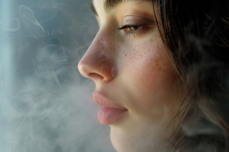 The youthful beauty of a woman's face in the sauna, surrounded by soothing steamの素材