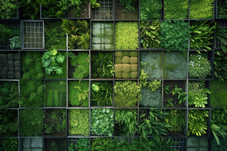 An eco-mosaic composed of thriving green plants, resembling a sustainable greenscapeの素材