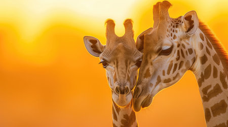 Two giraffes facing each other in a warm embrace against a radiant golden backgroundの素材