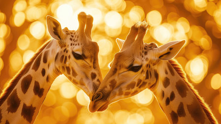 Two giraffes facing each other in a warm embrace against a radiant golden backgroundの素材