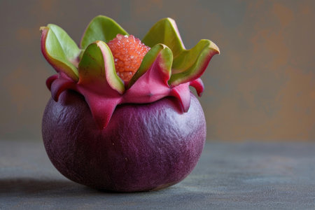 A whole, unpeeled mangosteen resting on a neutral backdropの素材