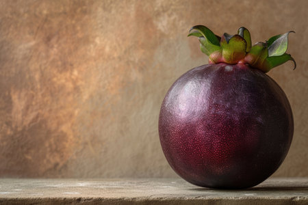 A whole, unpeeled mangosteen resting on a neutral backdropの素材