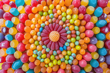 An overhead view of a mesmerizing mosaic of colorful candies, creating a vibrant backdropの素材