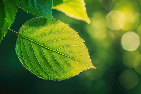 A macro shot of a sun-kissed green leaf against a blurred, vibrant green backgroundの素材