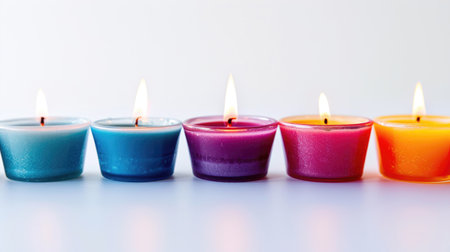 Vibrant, colorful candles lined up against a clean white background, each candle burning brightlyの素材