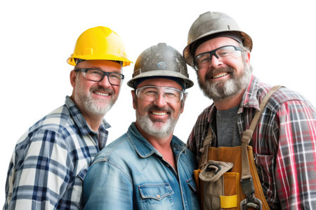 Close-up of three builders smiling at the camera on a white backgroundの素材