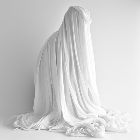 Elegant white linen cloth against a clean white backdropの素材