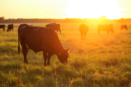 Cows peacefully grazing in golden sunset lightの素材