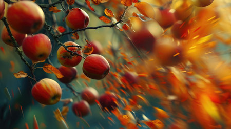Apples in motion, cascading from a treeの素材