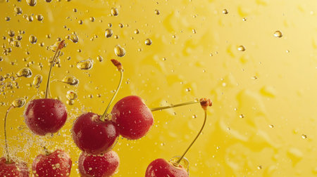 Cherries and raindrops falling on a bright yellow backdropの素材