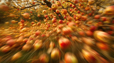 Apples in motion, cascading from a treeの素材