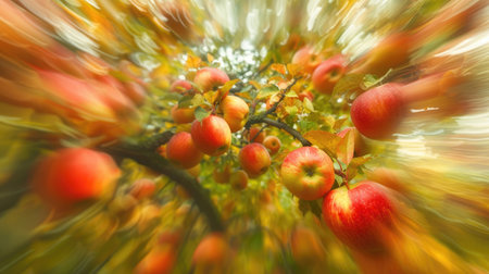Apples in motion, cascading from a treeの素材