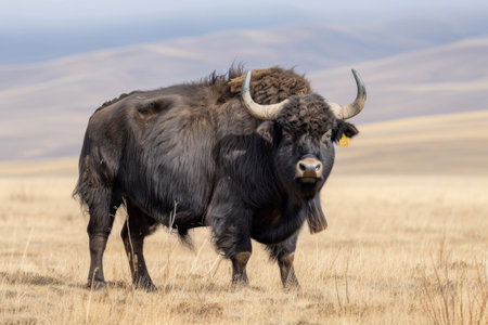 The imposing figure of a yak buffalo in its grassland realmの素材