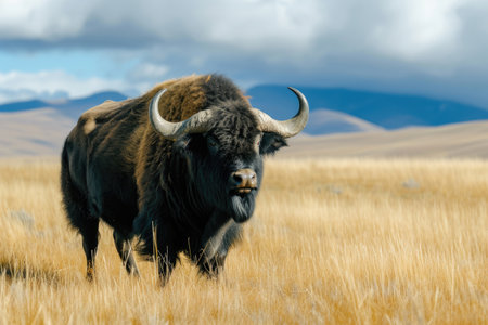 The imposing figure of a yak buffalo in its grassland realmの素材