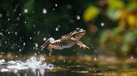 A frog caught mid-leap, embodying motion and lifeの素材