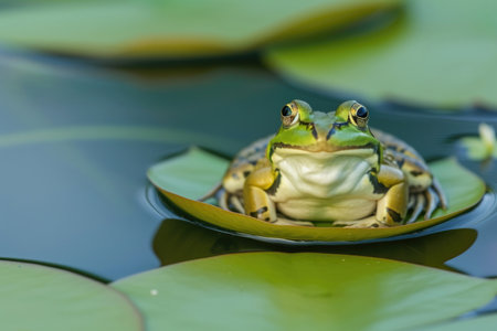 A frog striking a funny pose on a lily padの素材