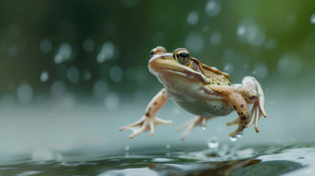 A frog caught mid-leap, embodying motion and lifeの素材