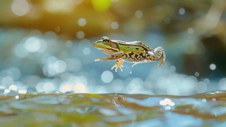 A frog caught mid-leap, embodying motion and lifeの素材