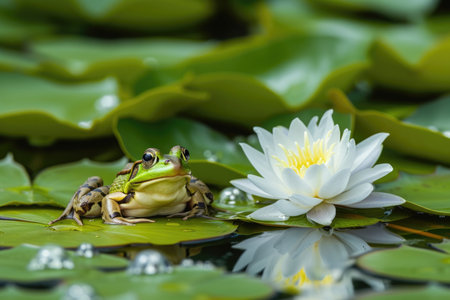 A frog striking a funny pose on a lily padの素材