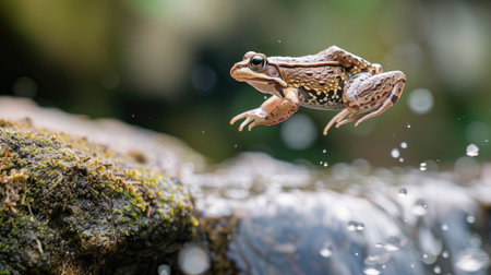 A frog caught mid-leap, embodying motion and lifeの素材