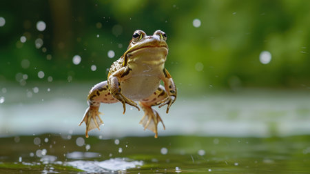 A frog caught mid-leap, embodying motion and lifeの素材
