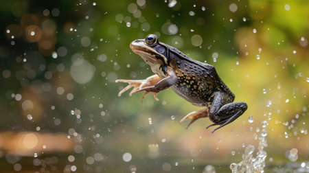A frog caught mid-leap, embodying motion and lifeの素材