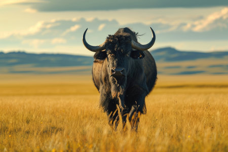 A yak buffalo strides across the vast, open plainsの素材