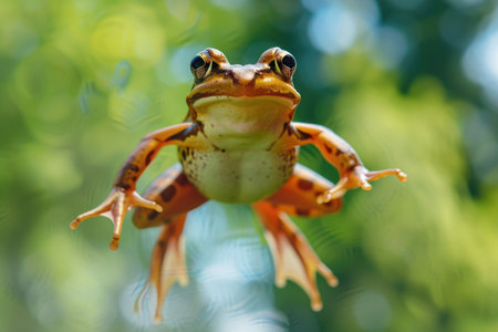 A frog with a humorous expression, mid-jumpの素材