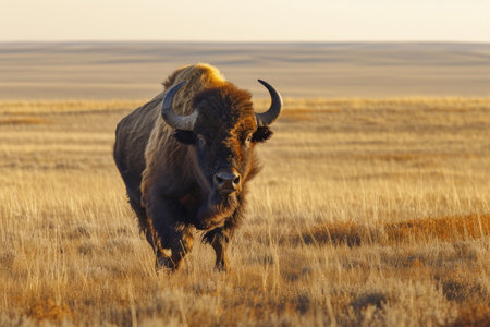 A yak buffalo strides across the vast, open plainsの素材