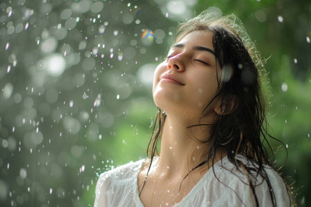 Refreshing bliss as rain caresses in summer warmthの素材