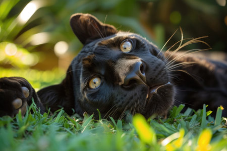 A black panther with a playful twist, caught in a funny momentの素材