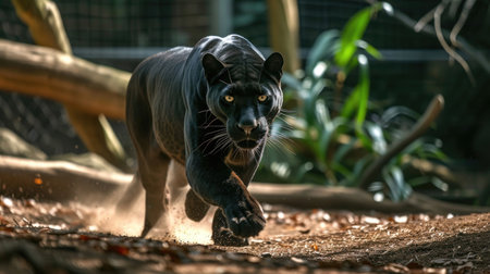 A black panther's rapid dash, embodying stealth and agilityの素材