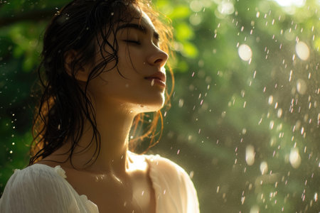A woman enjoys the serenity of a summer rainの素材