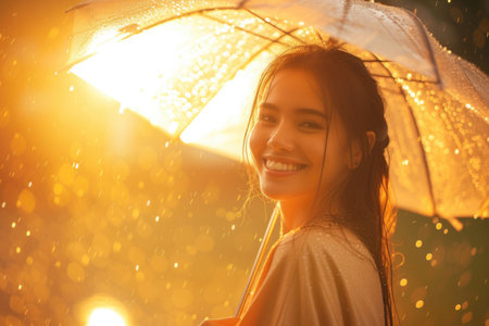 Beaming smile of a lady under an umbrella amidst sunlit rainの素材