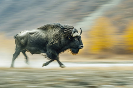 A yak buffalo caught mid-stride, power embodied in motionの素材