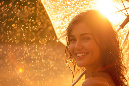 A woman's joyous smile under an umbrella in a sunlit rainの素材