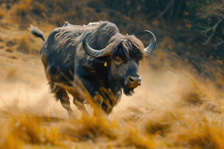 A yak buffalo caught mid-stride, power embodied in motionの素材
