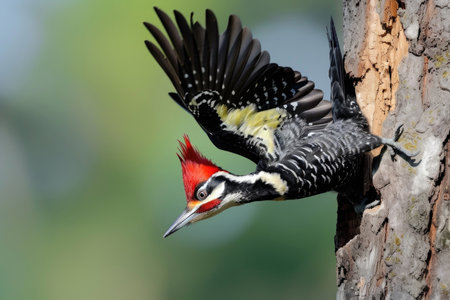 The scarlet crested woodpecker in mid-action, as it energetically taps into a tree trunkの素材