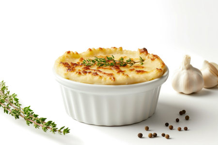 The simplicity of a modern twist on Sheperd's pie, isolated on a white backgroundの素材