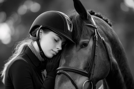 The tender moment between a rider and a horseの素材