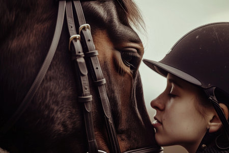 The tender moment between a rider and a horseの素材