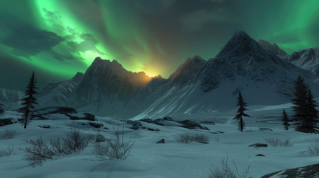 Majestic mountains under the winter sky with the aurora borealisの素材